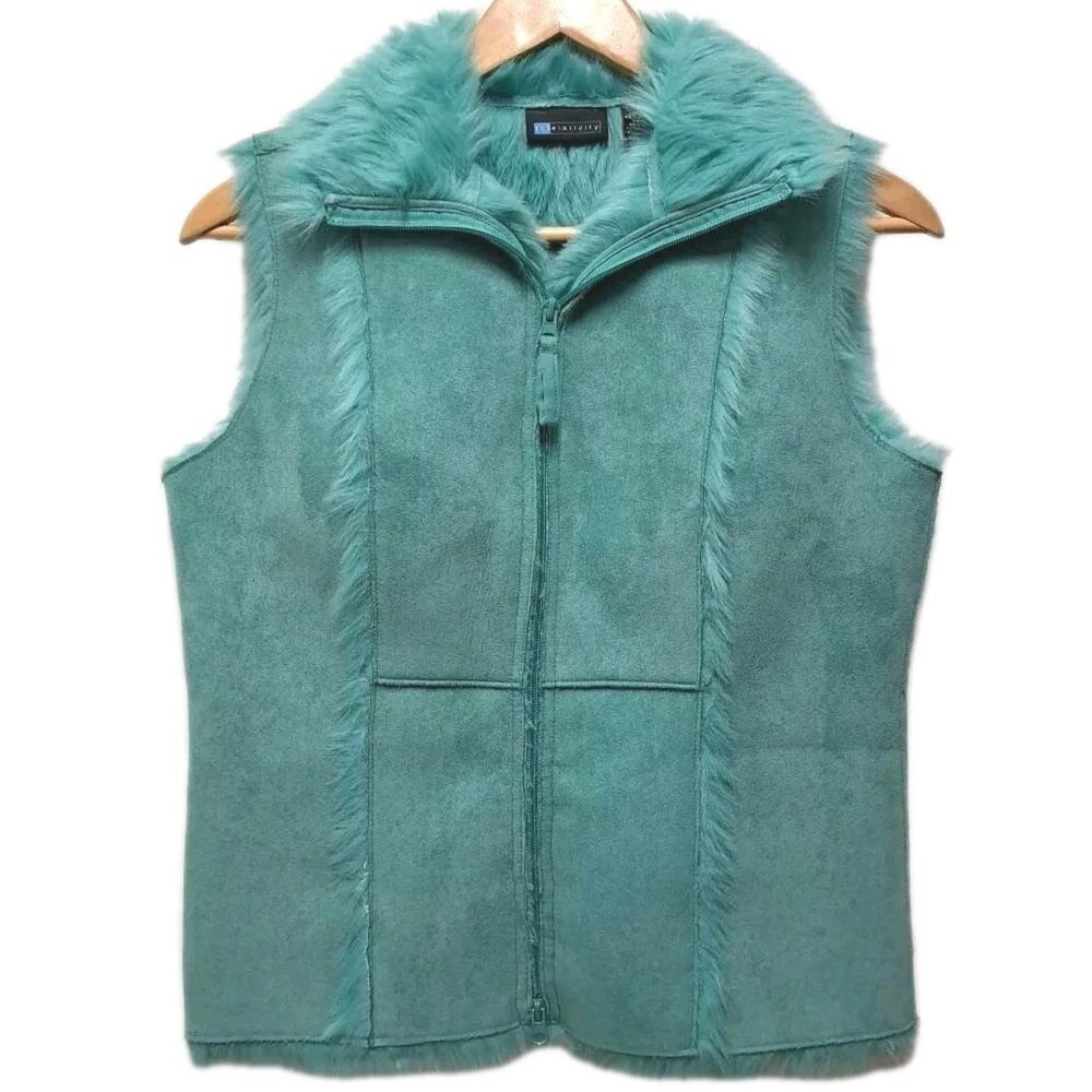 Relativity Patchwork Vest Womens S Teal Green Faux Suede Faux Fur Lined Y2K Boho